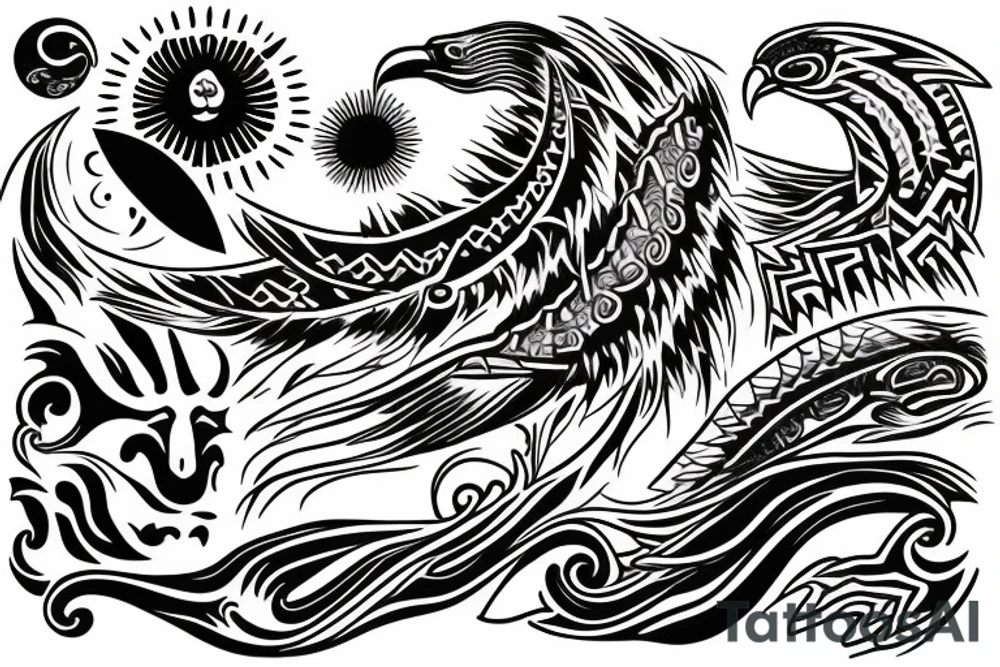 Sun and moon encased by ocean waves and eagle around forearm filipino tribal tattoo tattoo idea