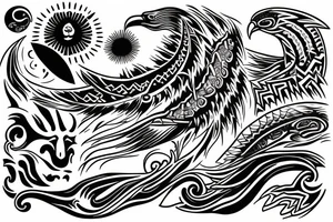 Sun and moon encased by ocean waves and eagle around forearm filipino tribal tattoo tattoo idea