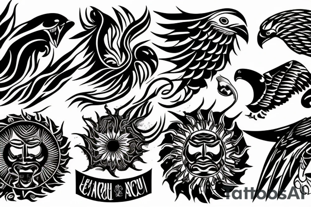 Sun and moon encased by ocean waves and eagle around forearm filipino tribal tattoo tattoo idea