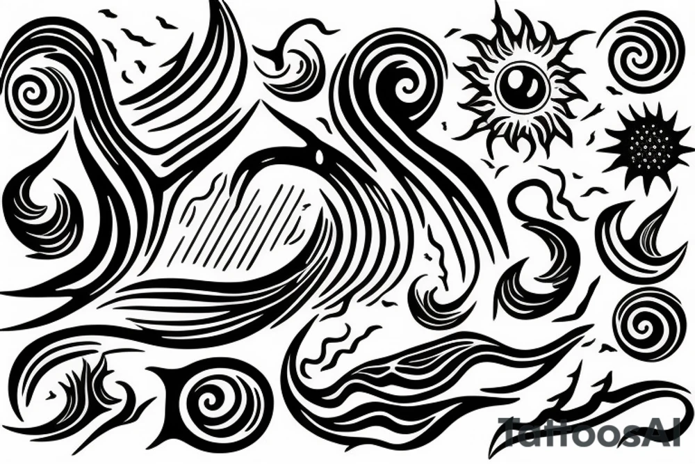 Sun and moon encased by ocean waves a lightning tattoo idea