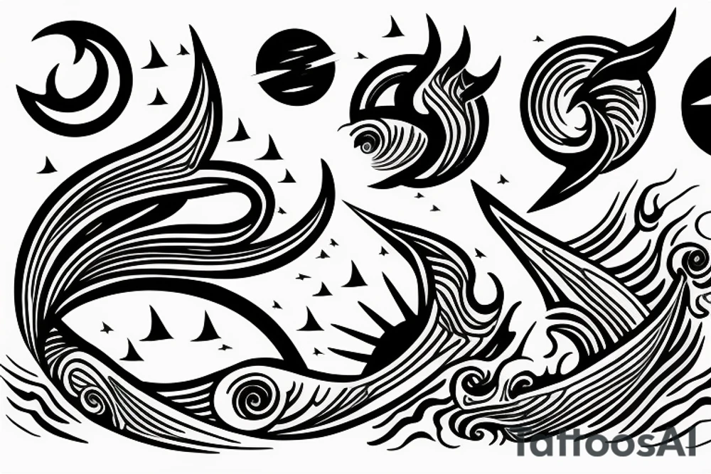 Sun and moon encased by ocean waves a lightning tattoo idea