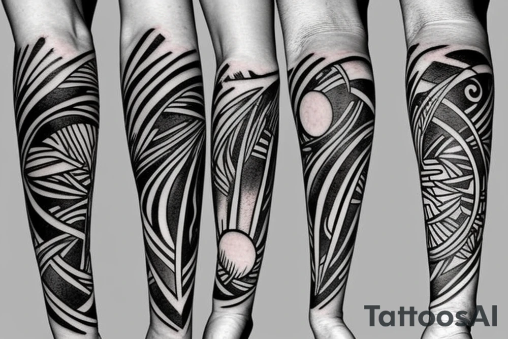 Sun and moon encased by ocean waves a lightning forearm tattoo idea