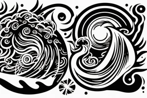 Sun and moon encased by ocean waves a lightning forearm tattoo idea