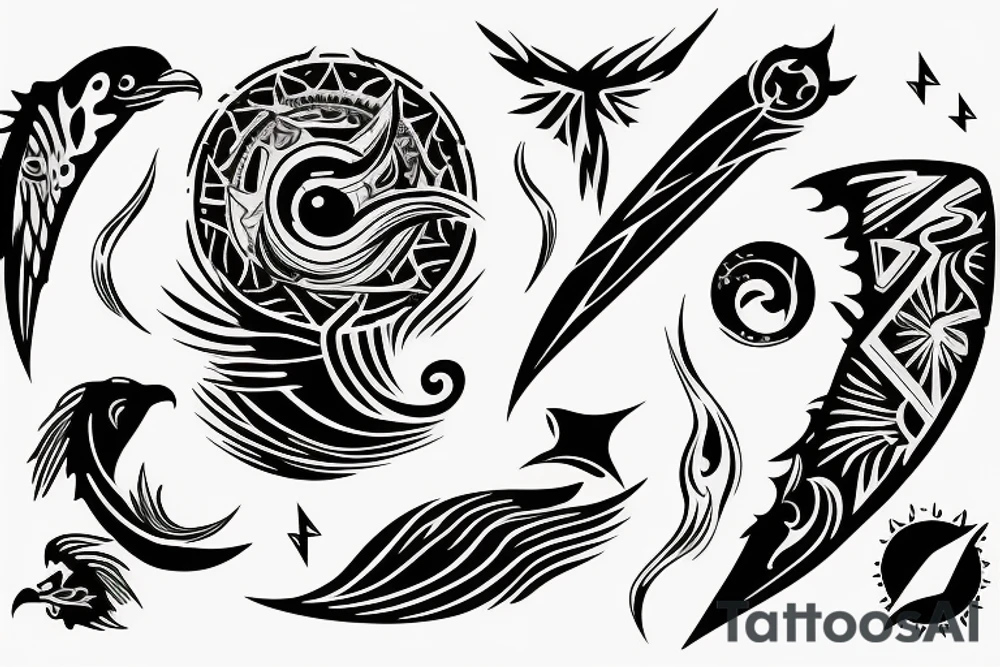 Filipino Sun and moon encased by ocean waves lightning and eagle around forearm tattoo idea