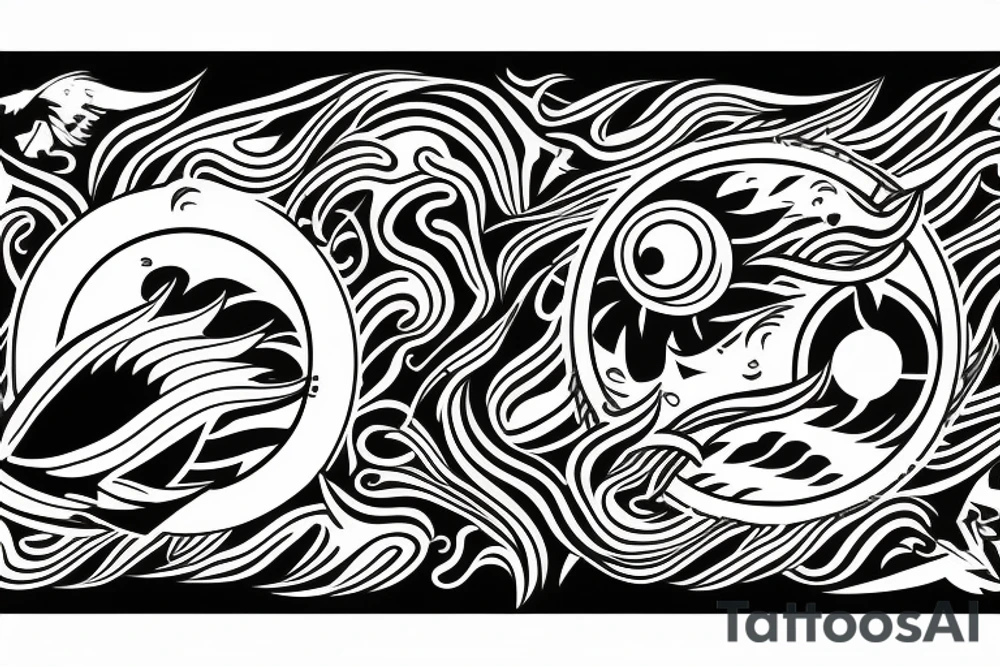 Filipino Sun and moon encased by ocean waves lightning and eagle around forearm tattoo idea