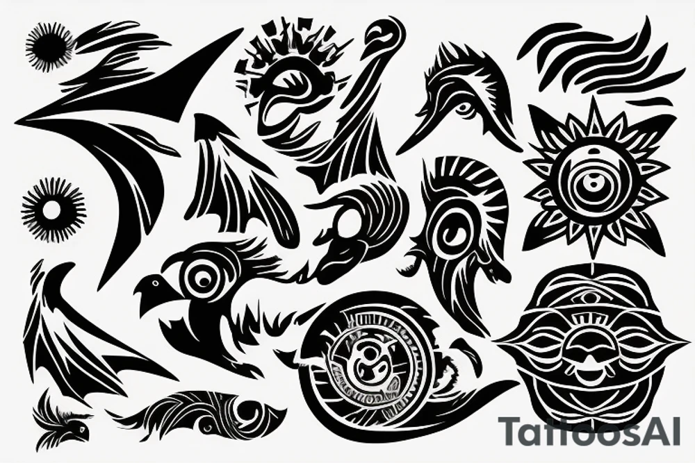 Filipino Sun and moon encased by ocean waves lightning and eagle around forearm tattoo idea