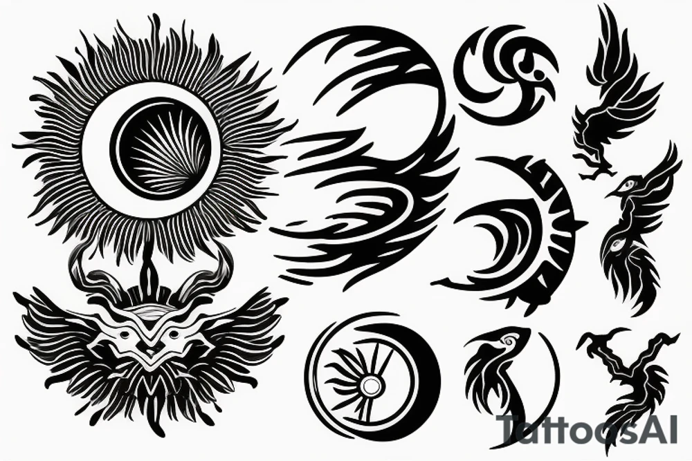 Filipino Sun and moon encased by ocean waves lightning and eagle around forearm tattoo idea