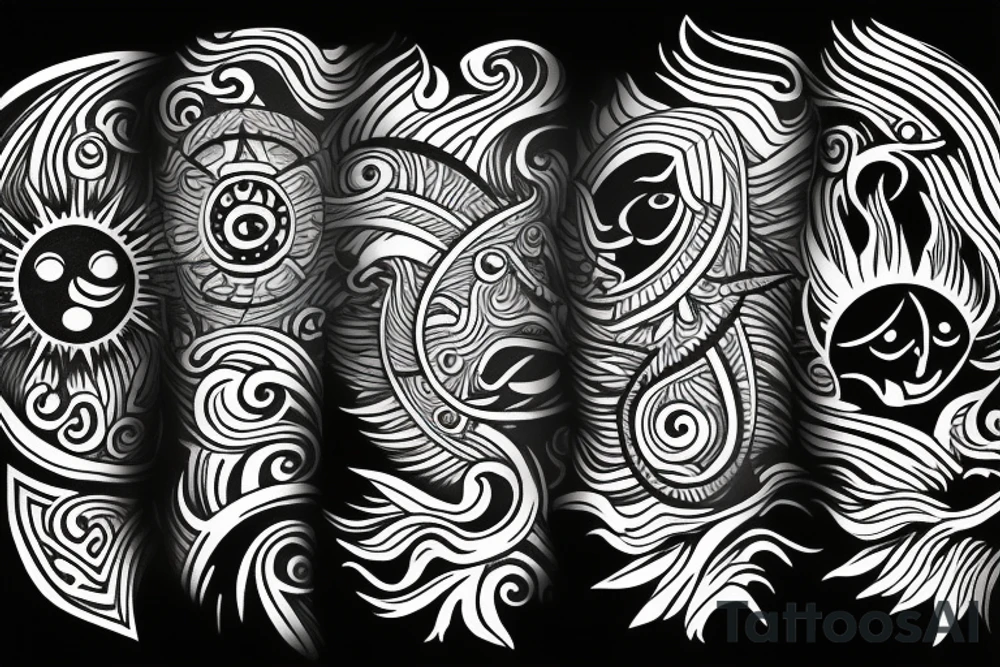 Filipino Sun and moon encased by ocean waves and lightning patterns around forearm tattoo idea