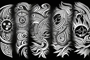 Filipino Sun and moon encased by ocean waves and lightning patterns around forearm tattoo idea