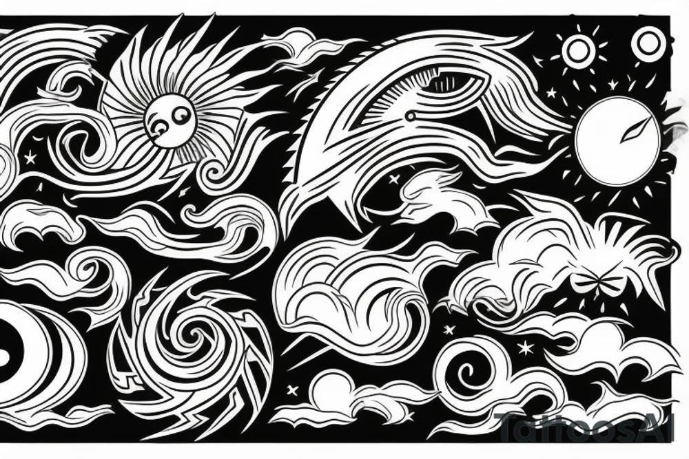 Filipino Sun and moon encased by ocean waves and lightning patterns around forearm tattoo idea