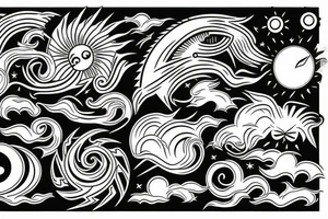 Filipino Sun and moon encased by ocean waves and lightning patterns around forearm tattoo idea