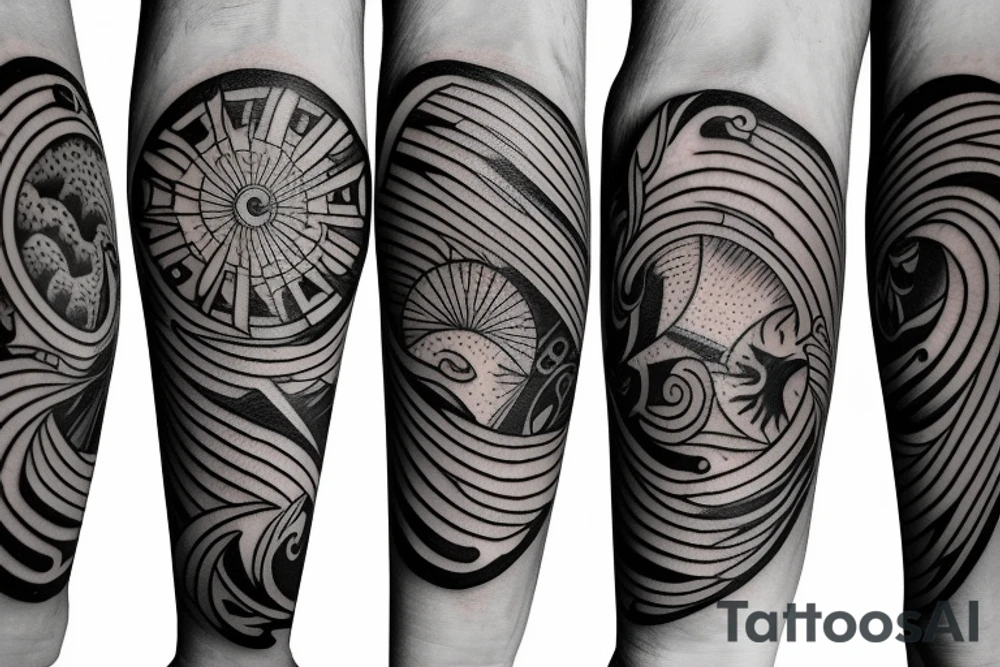 Filipino Sun and moon encased by ocean waves and lightning patterns around forearm tattoo idea