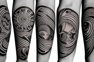 Filipino Sun and moon encased by ocean waves and lightning patterns around forearm tattoo idea