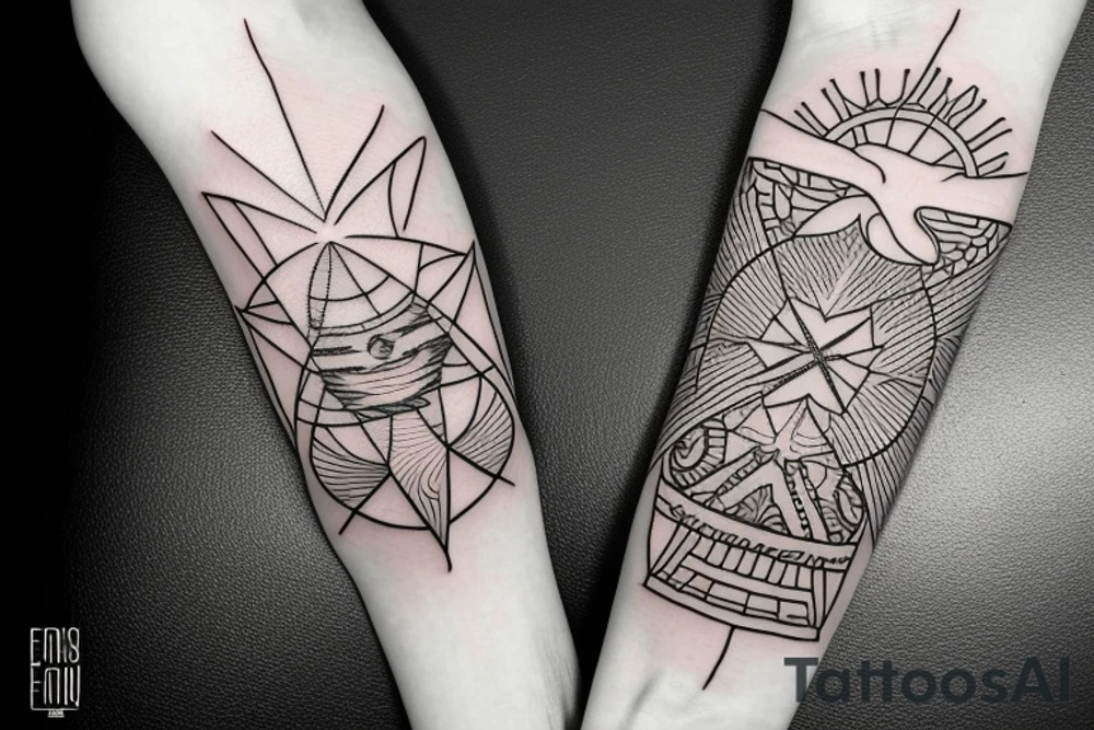 Filipino Sun and moon encased by ocean waves and lightning patterns around forearm tattoo idea