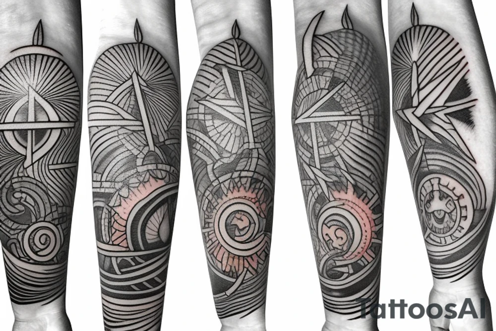 Filipino Sun and moon encased by ocean waves and lightning patterns around forearm tattoo idea