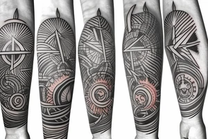 Filipino Sun and moon encased by ocean waves and lightning patterns around forearm tattoo idea