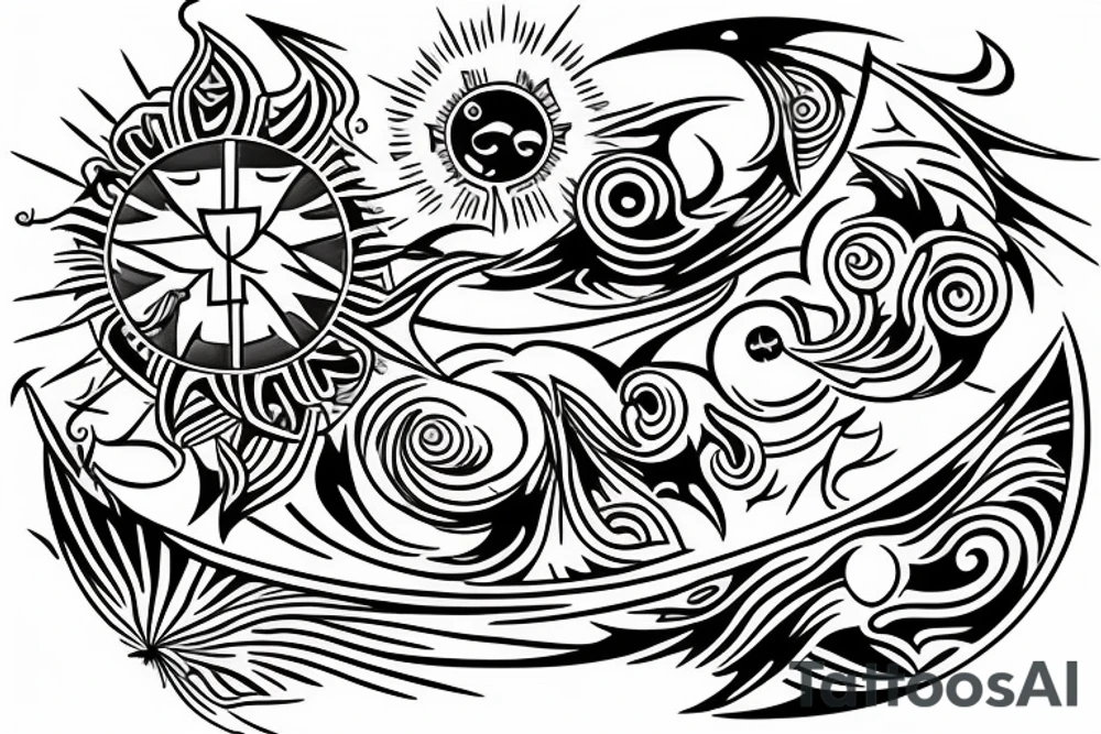 Filipino Sun and moon encased by ocean waves and lightning patterns around forearm tattoo idea