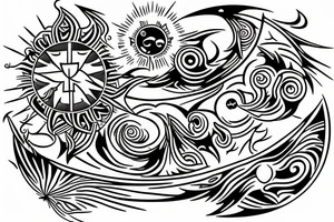 Filipino Sun and moon encased by ocean waves and lightning patterns around forearm tattoo idea