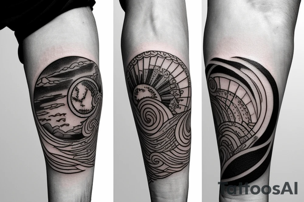 Filipino Sun and moon encased by ocean waves and lightning patterns around forearm tattoo idea