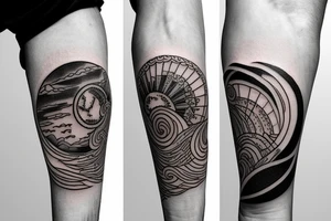Filipino Sun and moon encased by ocean waves and lightning patterns around forearm tattoo idea