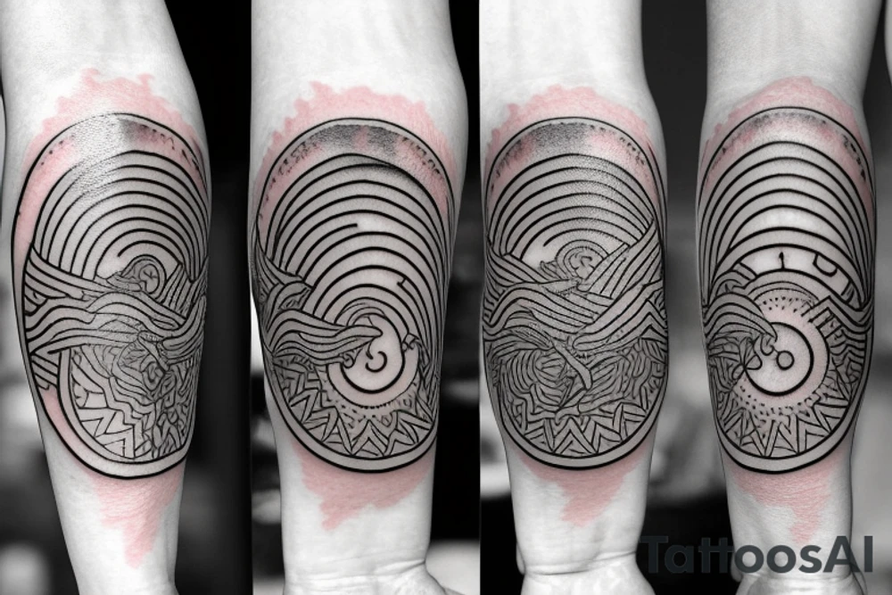 Filipino Sun and moon encased by ocean waves and lightning patterns around forearm tattoo idea