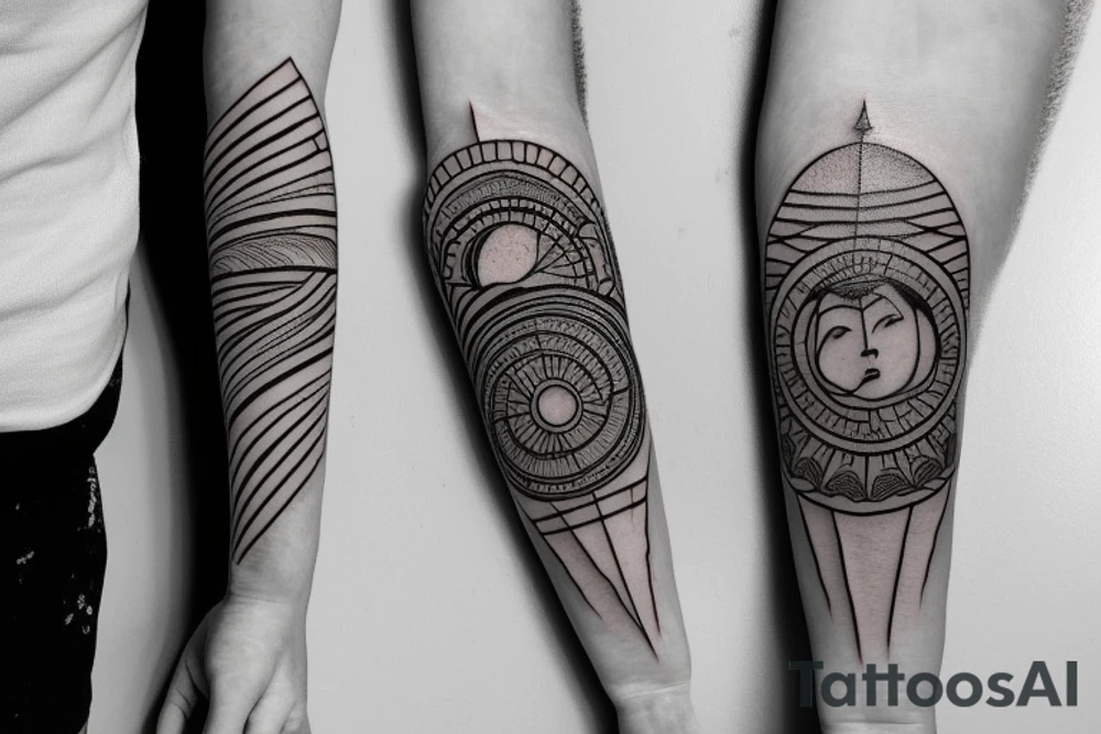 Filipino Sun and moon encased by ocean waves and lightning patterns around forearm tattoo idea