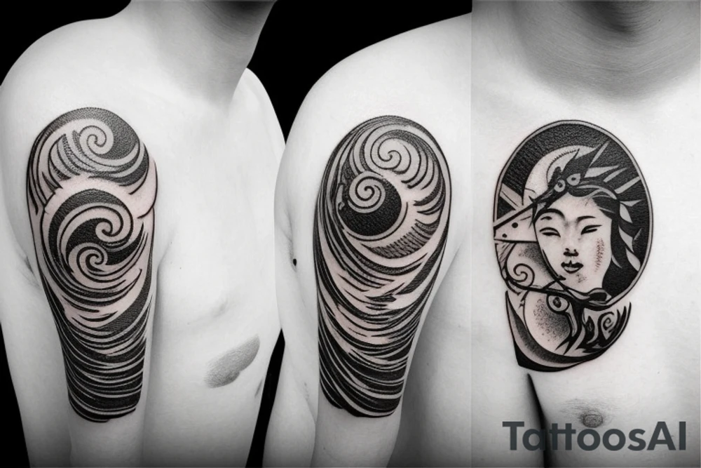 Filipino Sun and moon encased by ocean waves and lightning patterns around forearm tattoo idea