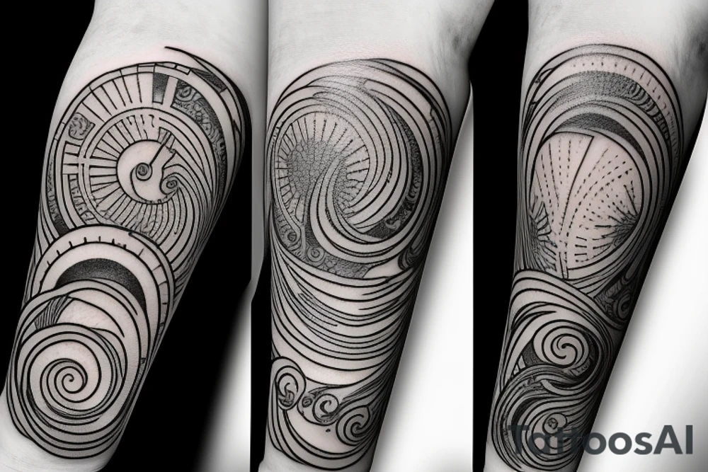 Filipino Sun and moon encased by ocean waves and lightning patterns around forearm tattoo idea