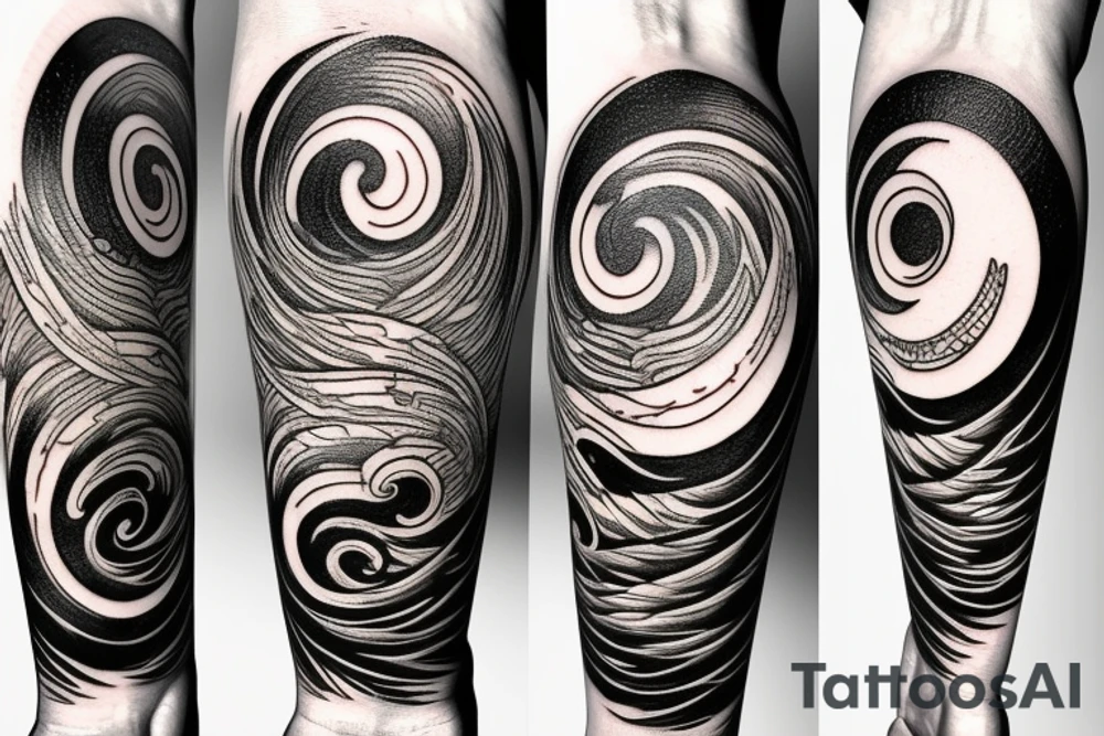 Filipino Sun and moon encased by ocean waves and lightning patterns around forearm tattoo idea