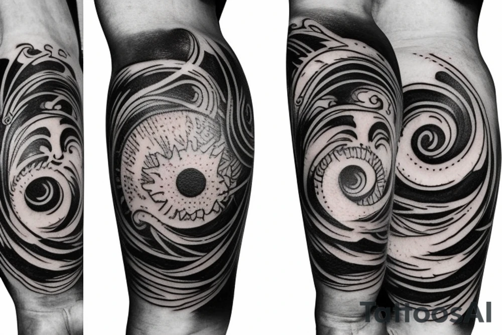 Filipino Sun and moon encased by ocean waves and lightning patterns around forearm tattoo idea