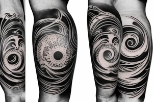 Filipino Sun and moon encased by ocean waves and lightning patterns around forearm tattoo idea