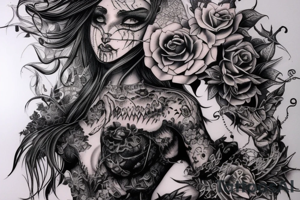 Demon Girl Elaborate Detailed Vivid Smokey Grim Wicked tattoo idea