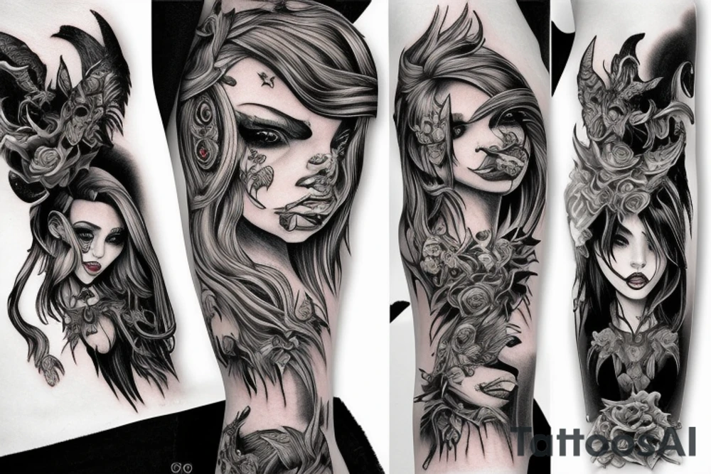 Demon Girl Elaborate Detailed Vivid Smokey Grim Wicked tattoo idea