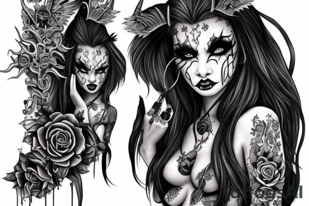 Demon Girl Elaborate Detailed Vivid Smokey Grim Wicked tattoo idea