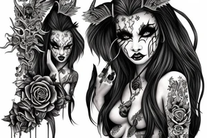 Demon Girl Elaborate Detailed Vivid Smokey Grim Wicked tattoo idea