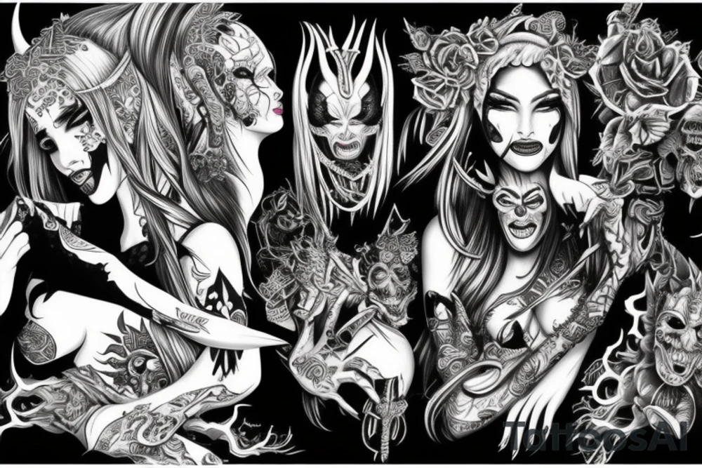 Demon Girl Elaborate Detailed Vivid Smokey Grim Wicked tattoo idea
