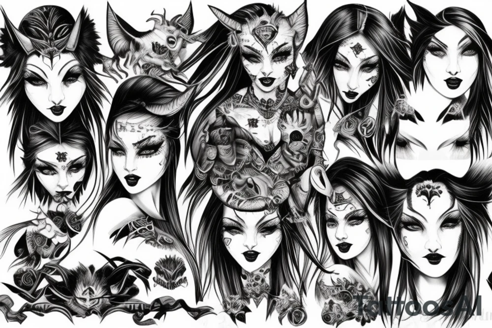 Demon Girl Elaborate Detailed Vivid Smokey Grim Wicked Smirk nonabstract mural back tattoo idea
