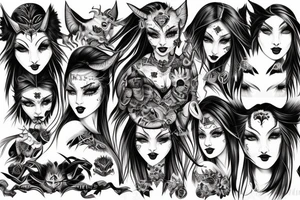 Demon Girl Elaborate Detailed Vivid Smokey Grim Wicked Smirk nonabstract mural back tattoo idea