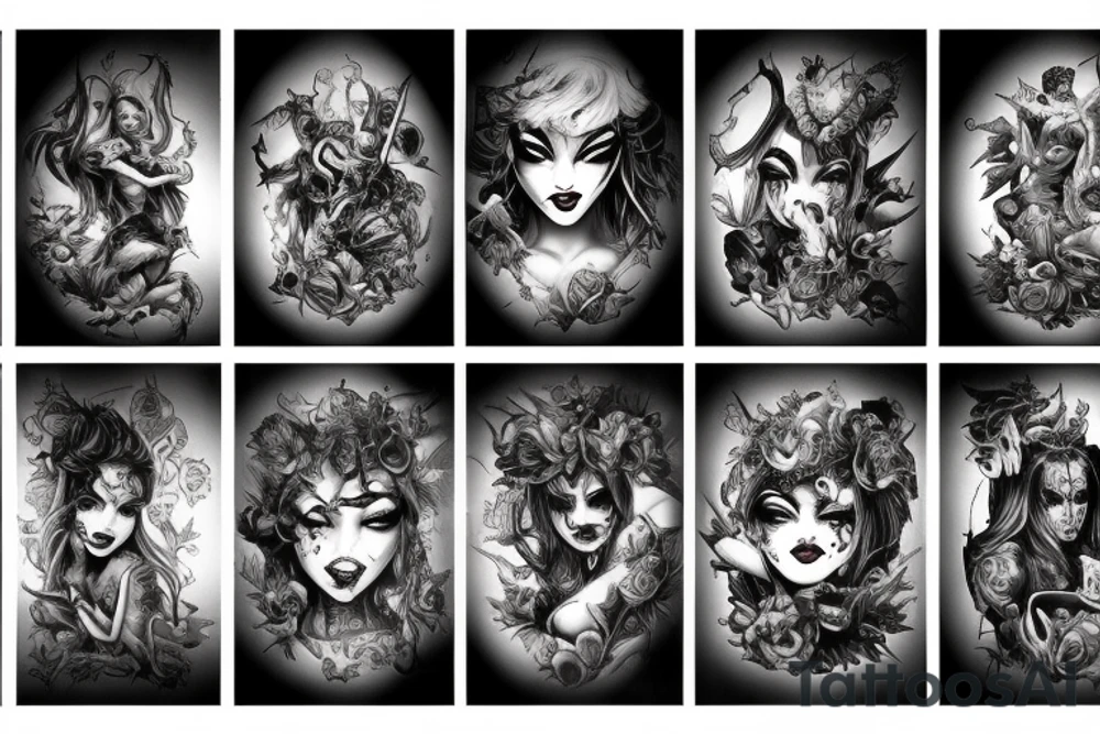 Demon Girl Elaborate Detailed Vivid Smokey Grim Wicked Smirk nonabstract mural back tattoo idea