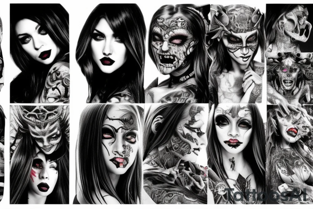 Demon Girl Elaborate Detailed Vivid Smokey Grim Wicked Smirk nonabstract mural back tattoo idea