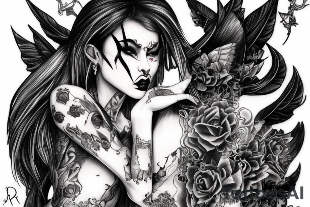 Demon Girl Elaborate Detailed Vivid Smokey Grim Wicked Smirk nonabstract mural back tattoo idea