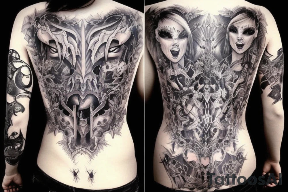 Demon Girl Elaborate Detailed Vivid Smokey Grim Wicked Smirk nonabstract mural back tattoo idea