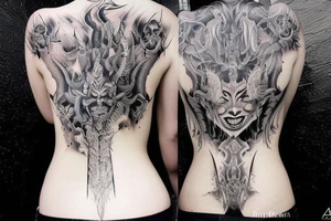 Demon Girl Elaborate Detailed Vivid Smokey Grim Wicked Smirk nonabstract mural back tattoo idea