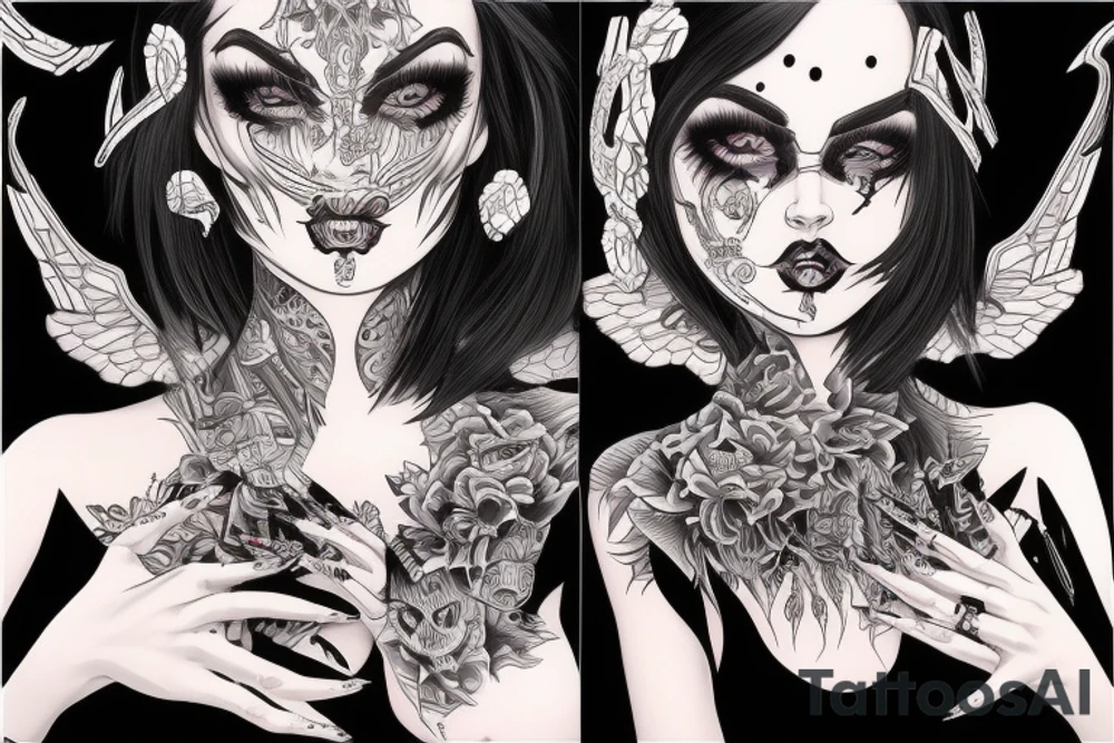 Demon Girl Elaborate Detailed Vivid Smokey Grim Wicked Smirk nonabstract mural tattoo idea