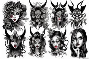 Demon Girl Elaborate Detailed Vivid Smokey Grim Wicked Smirk nonabstract mural tattoo idea