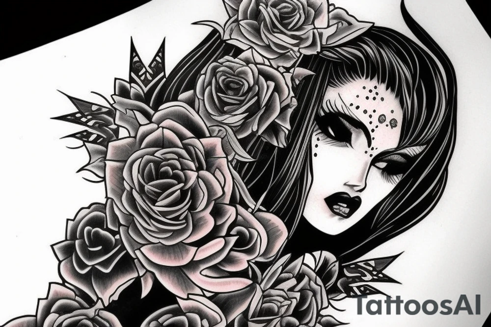 Demon Girl Elaborate Detailed Vivid Smokey Grim Wicked Smirk nonabstract mural tattoo idea