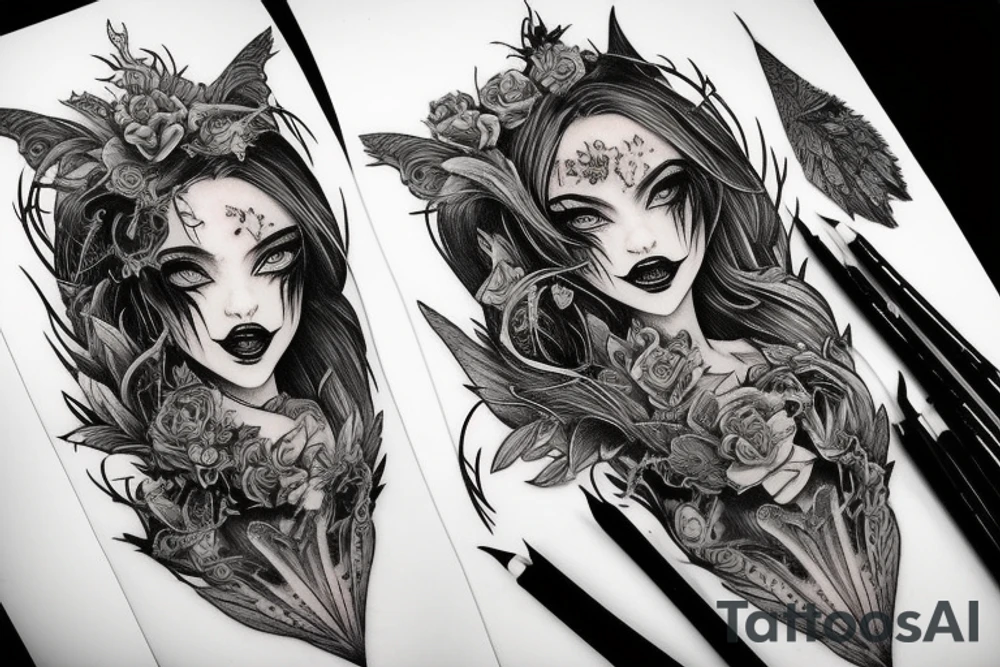 Demon Girl Elaborate Detailed Vivid Smokey Grim Wicked Smirk nonabstract mural tattoo idea