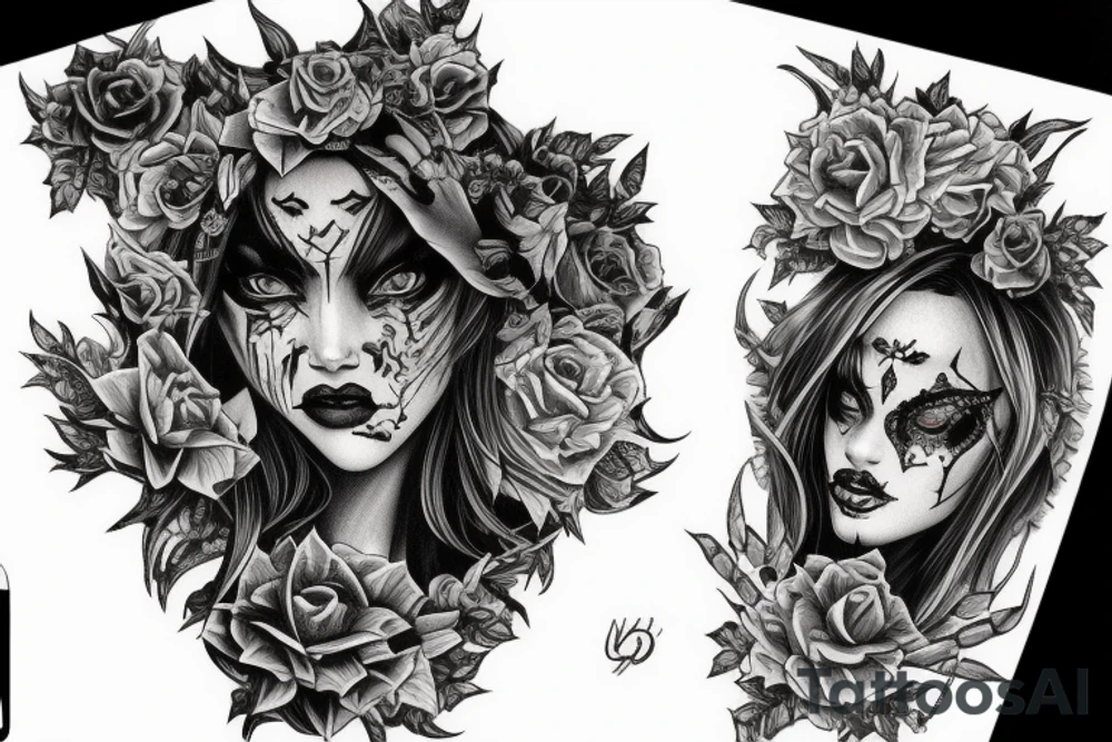 Demon Girl Elaborate Detailed Vivid Smokey Grim Wicked Smirk nonabstract mural tattoo idea