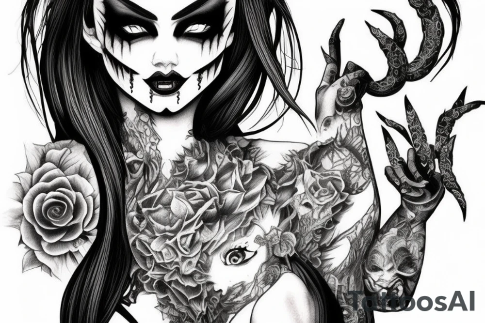 Demon Girl Elaborate Detailed Vivid Smokey Grim Wicked Smirk nonabstract mural tattoo idea
