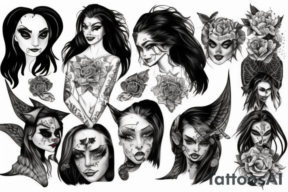 Demon Girl Elaborate Detailed Vivid Smokey Grim Wicked Smirk nonabstract mural tattoo idea